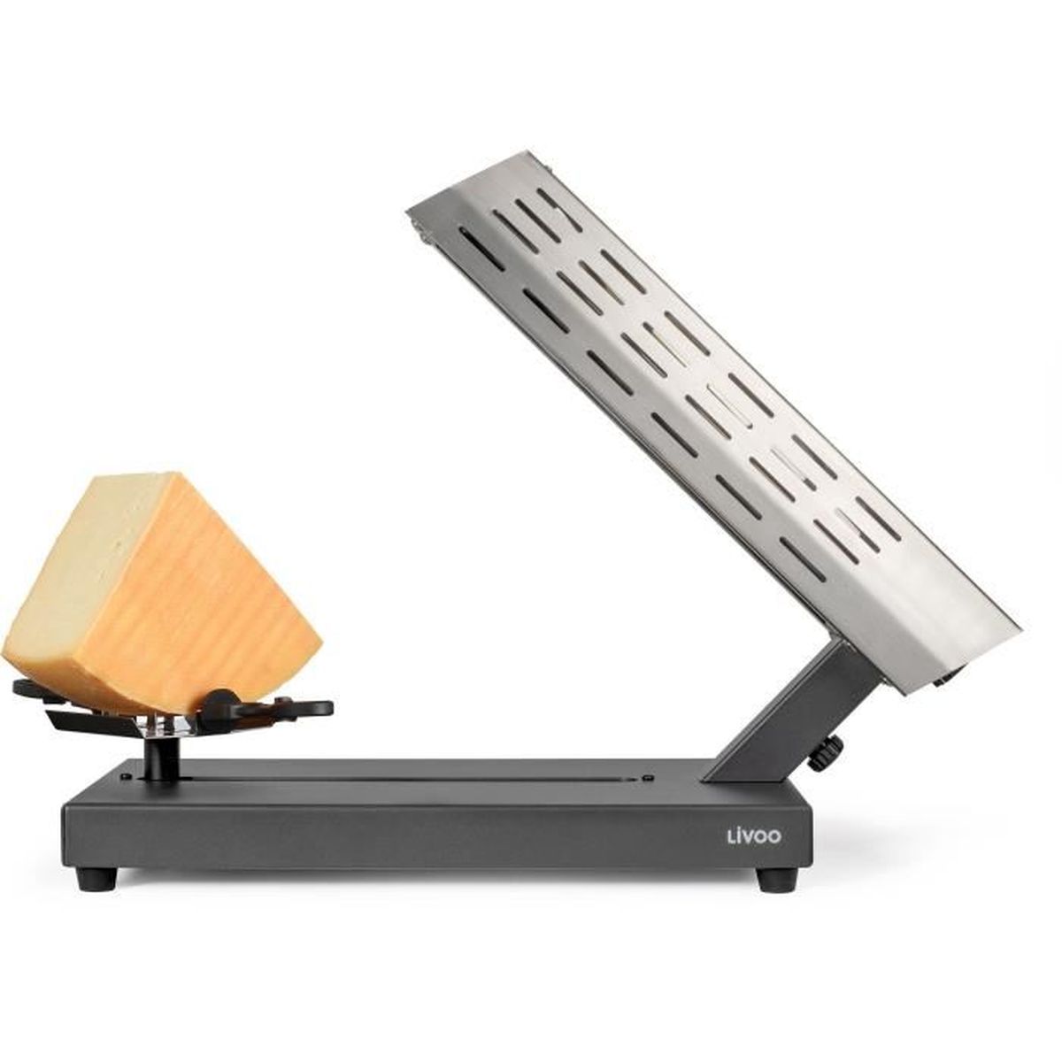Una raclette elettrica con base nera e una forma di formaggio sul supporto.