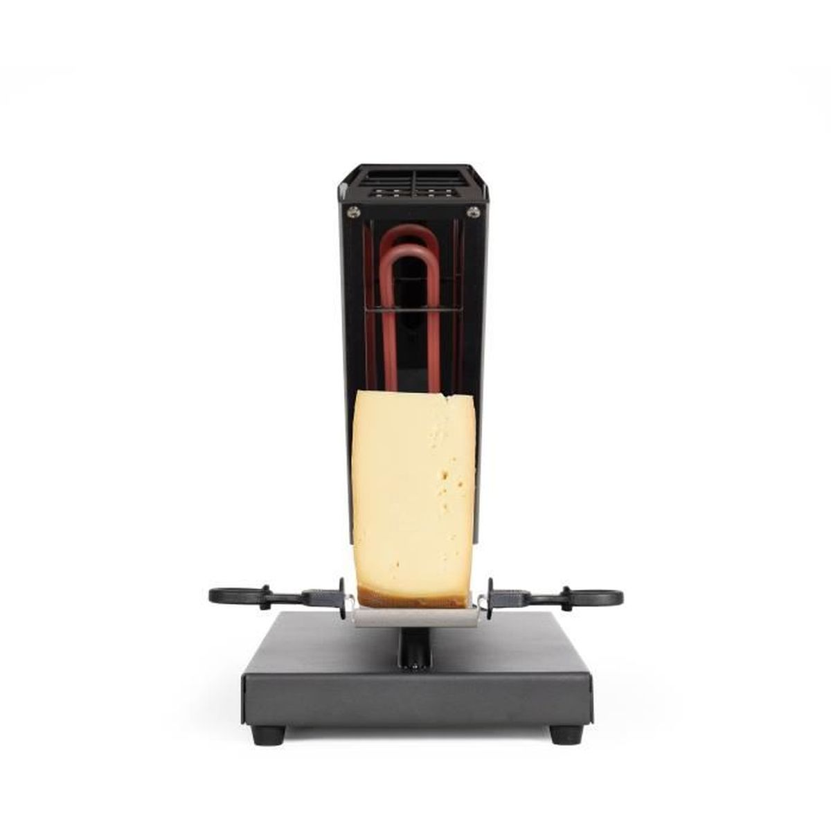 Una macchina per raclette elettrica che tiene un grande blocco di formaggio che si scioglie.