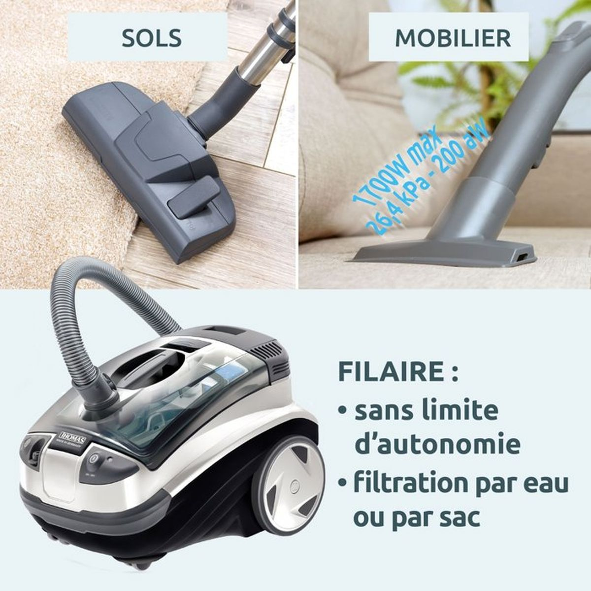 Aspiradora para suelos y muebles con sistema de depósito de agua y texto en francés.