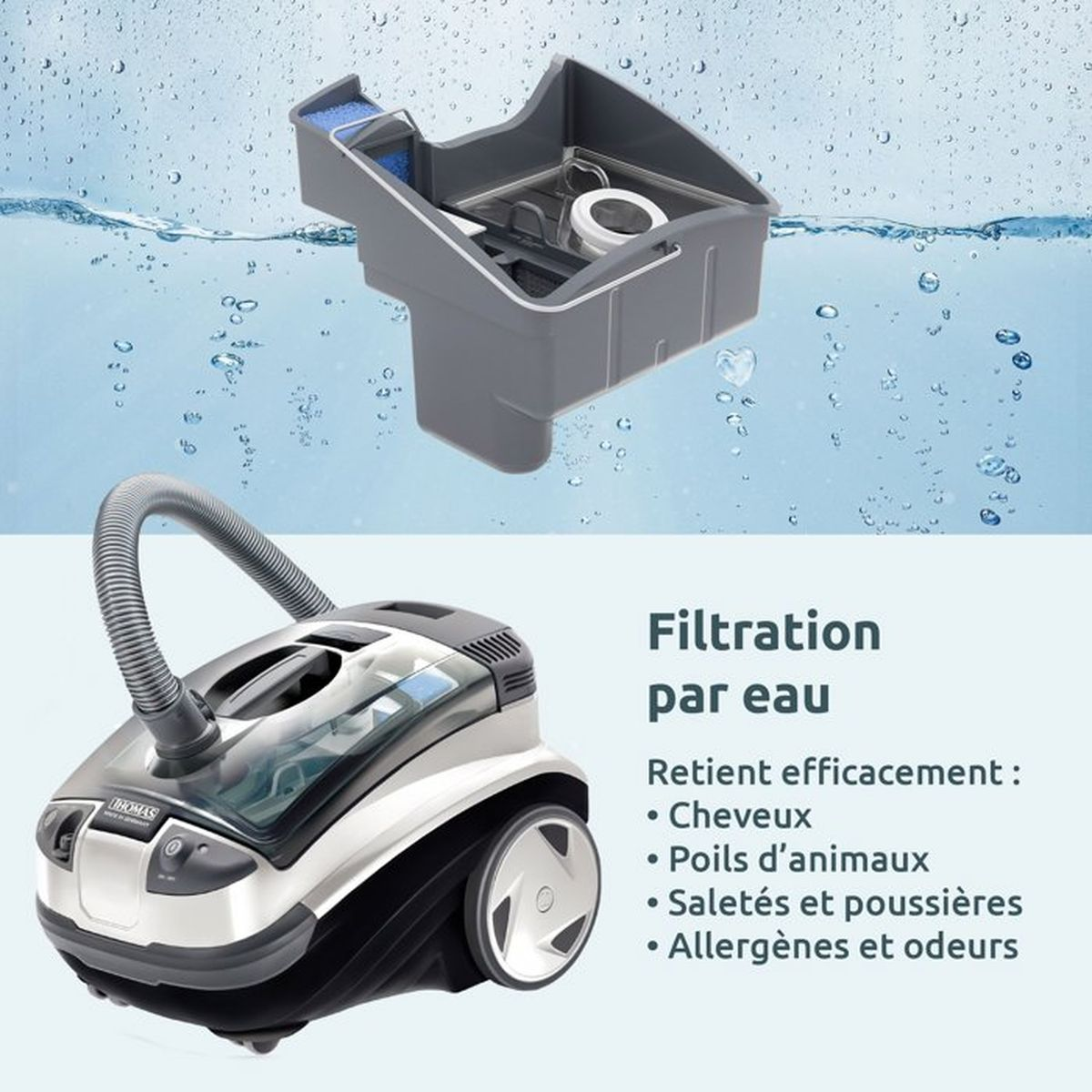 Aspiradora con filtración de agua muestra depósito y texto sobre cómo atrapa eficazmente pelo, suciedad y olores.