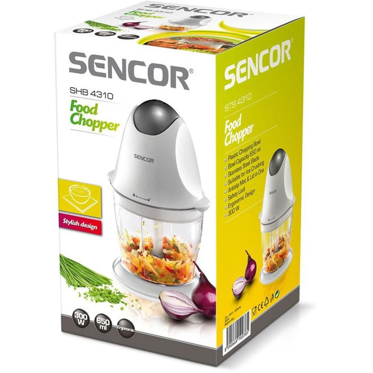 Tritatutto Sencor SHB 4310 nella sua confezione bianca e gialla con verdure tritate e cipolle rosse.