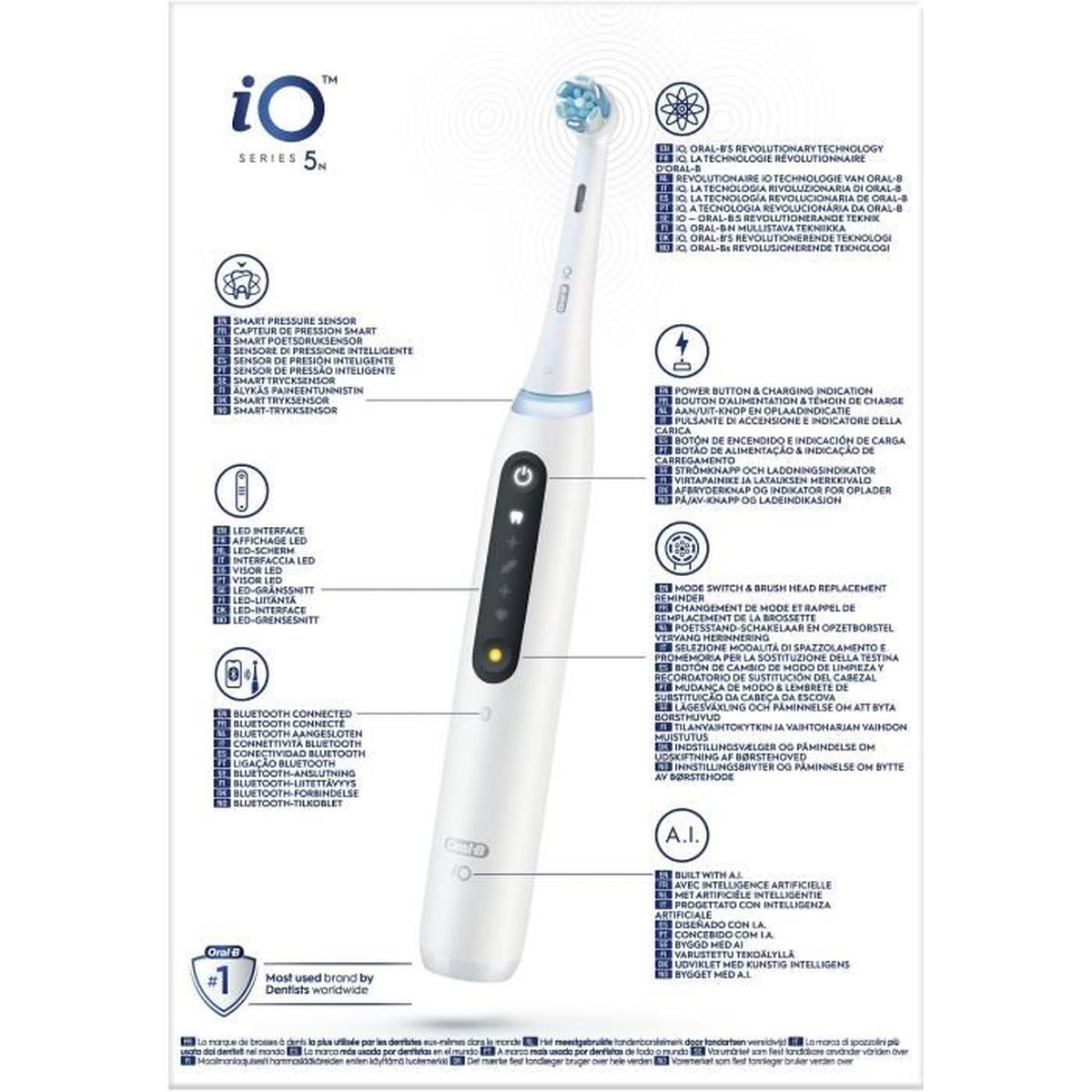 Uno spazzolino elettrico Oral-B iO Series 5 con descrizioni delle funzioni.