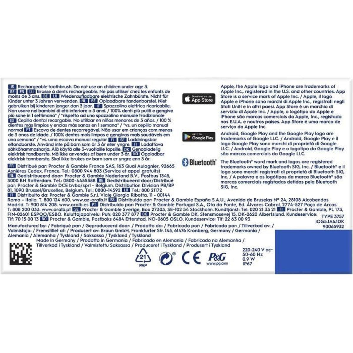 Retro della confezione di un prodotto con testo multilingue, loghi e informazioni tecniche.