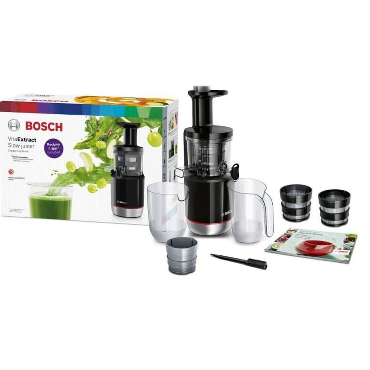 Estrattore di succo Bosch VitaExtract nero con accessori e scatola.
