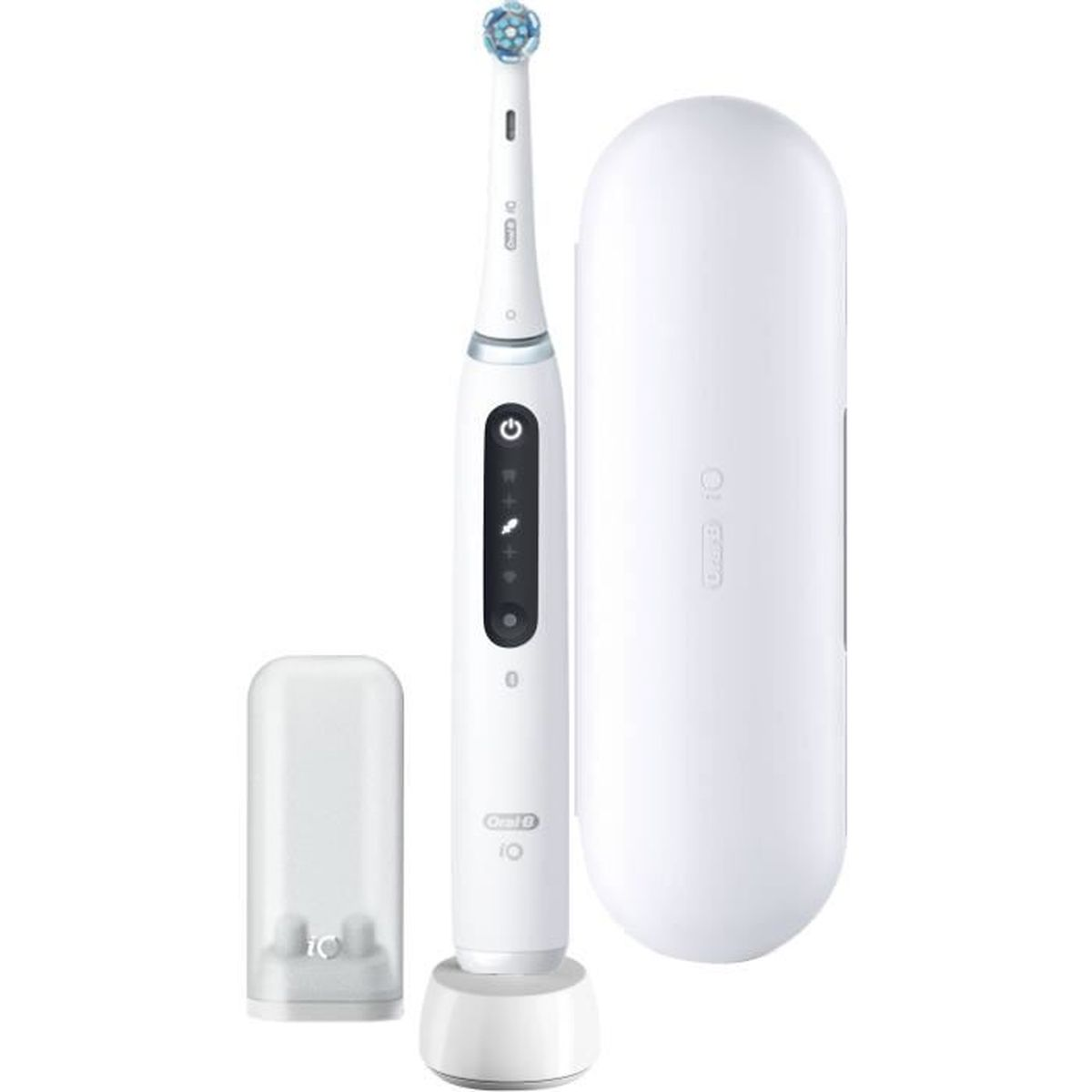 Uno spazzolino elettrico bianco con base di carica, custodia da viaggio e supporto per testine.