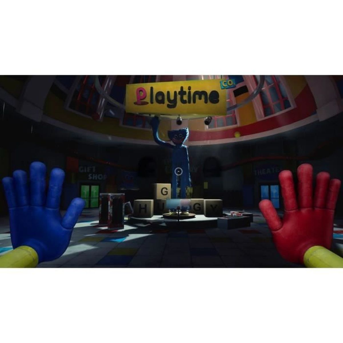 Niebieskie i czerwone dłonie na pierwszym planie, a w ciemnym salonie gier stoi niebieska zabawka pod szyldem Playtime.