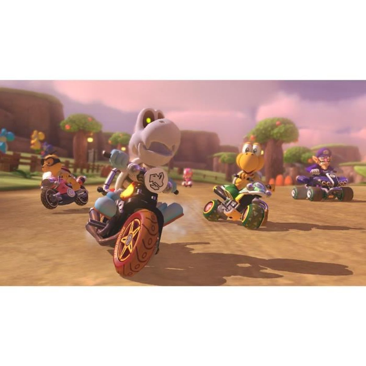 Vari personaggi di Mario Kart corrono su moto e kart in una pista sterrata soleggiata.