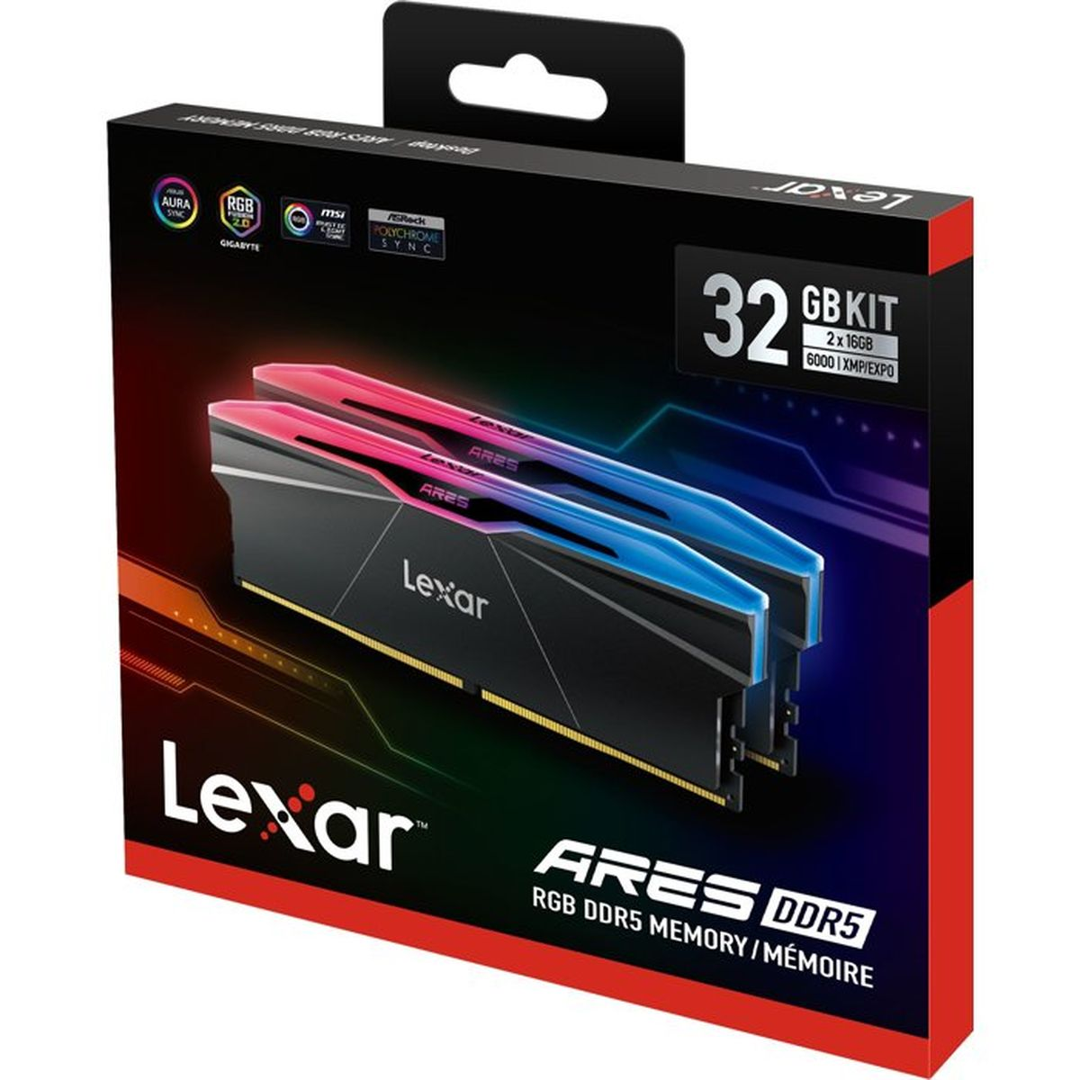 Confezione del kit RAM Lexar ARES RGB DDR5 da 32 GB in nero e rosso con i moduli visibili.