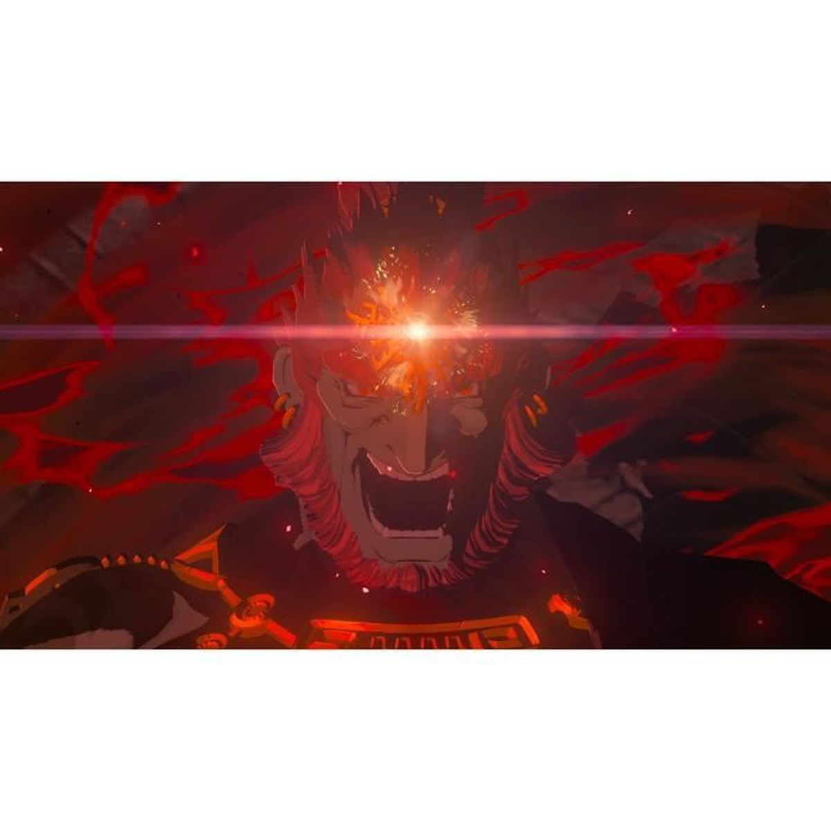 Un personaggio illuminato di rosso ride sinistramente, con una luce brillante sulla fronte.