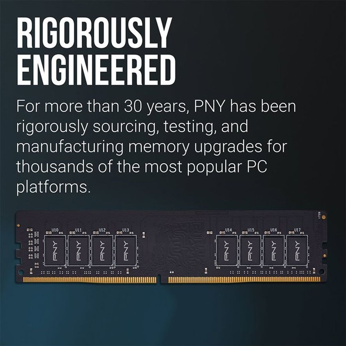 Testo "Rigorously Engineered" e modulo RAM PNY su sfondo scuro.