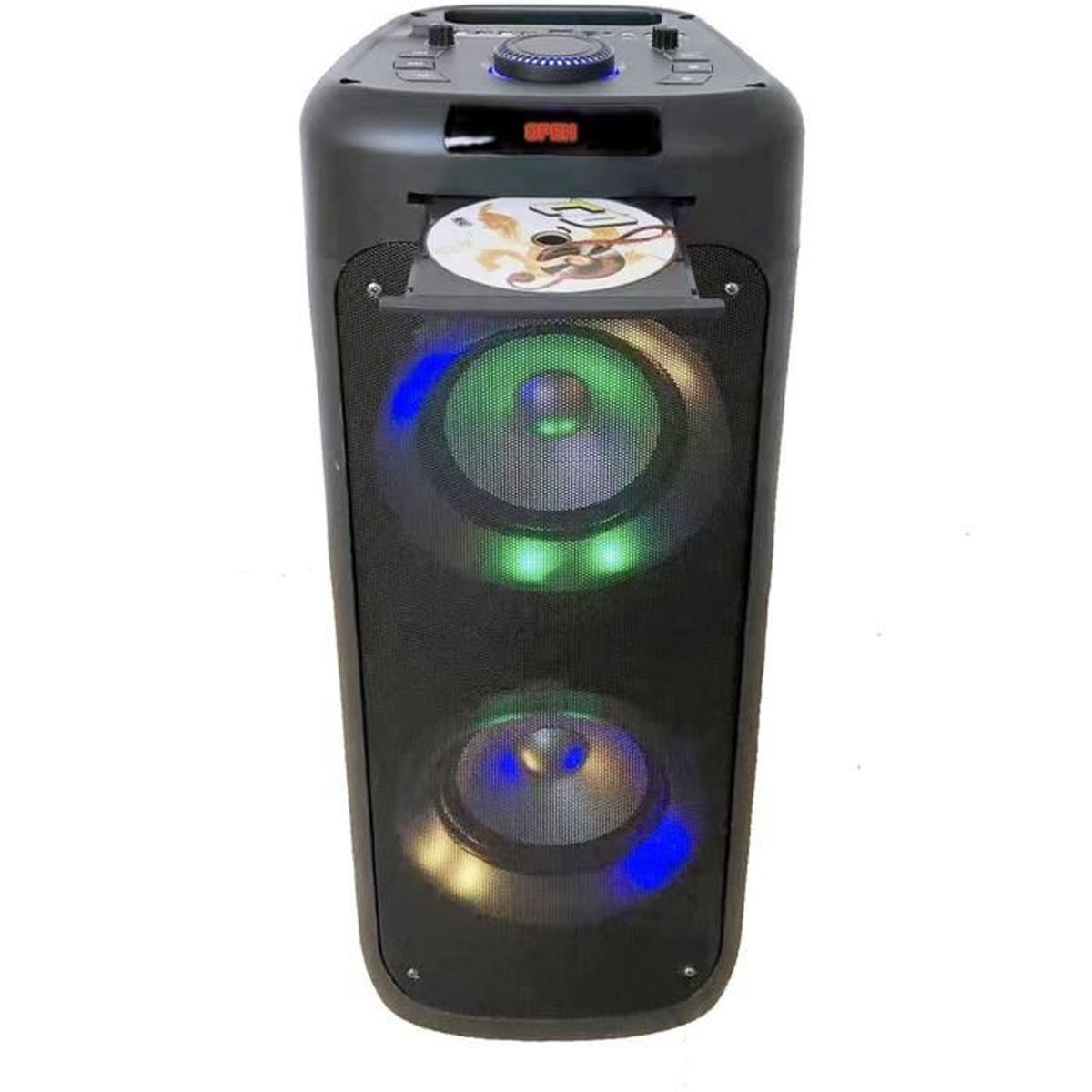 Schwarzer Turmlautsprecher mit zwei beleuchteten Lautsprechern und geöffnetem CD-Fach auf weißem Hintergrund.