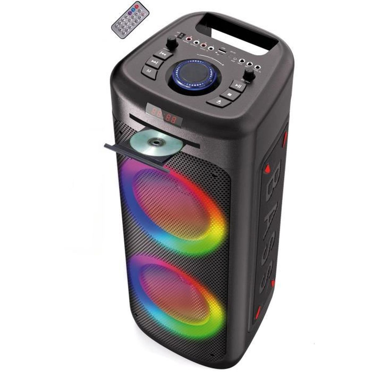 Schwarzer tragbarer Lautsprecher mit CD-Fach, bunten LED-Lichtern und Fernbedienung.