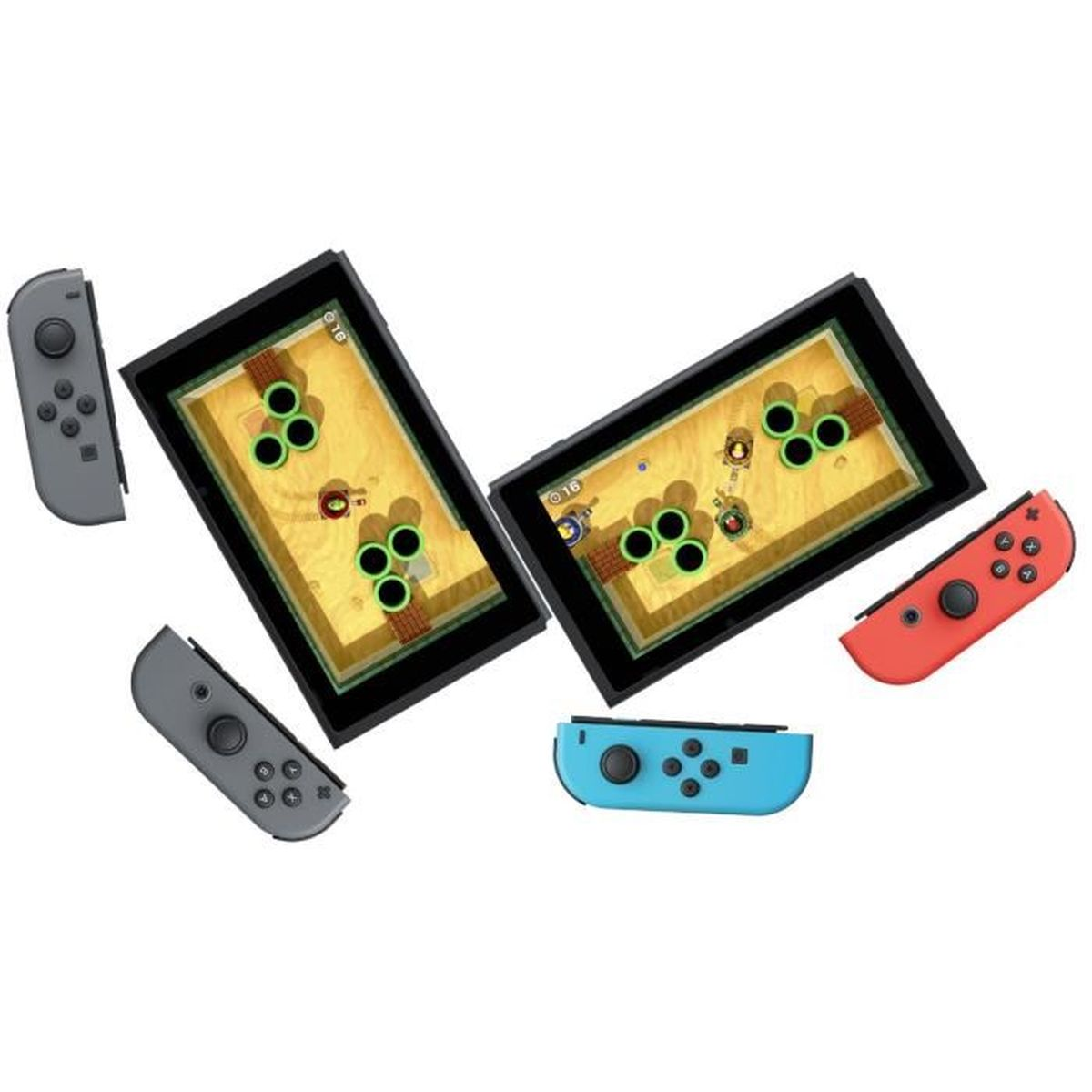 Due console Nintendo Switch inclinate, circondate da controller Joy-Con grigi, rossi e blu.