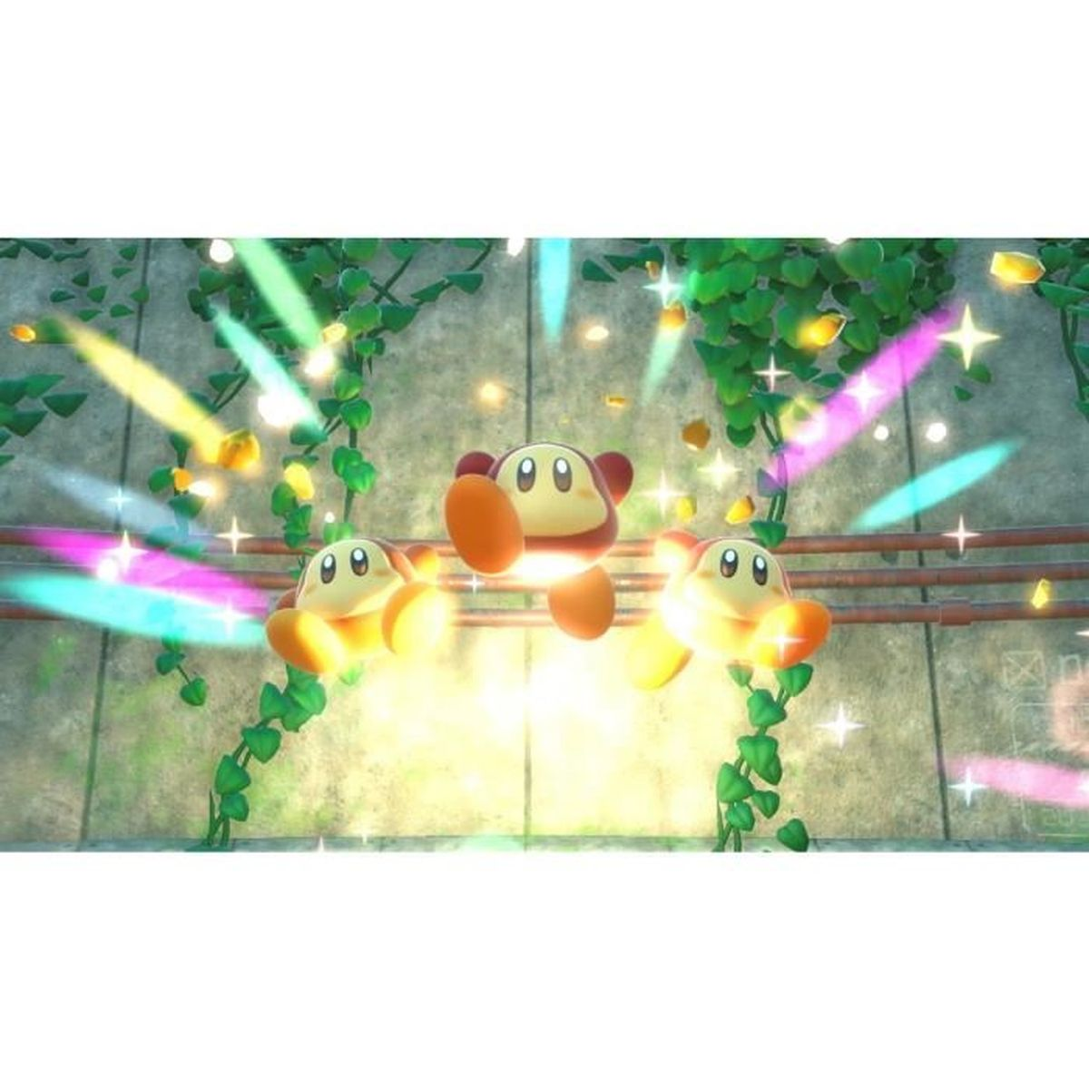 Tres personajes redondos de Waddle Dee posan alegremente entre brillos coloridos y enredaderas verdes.