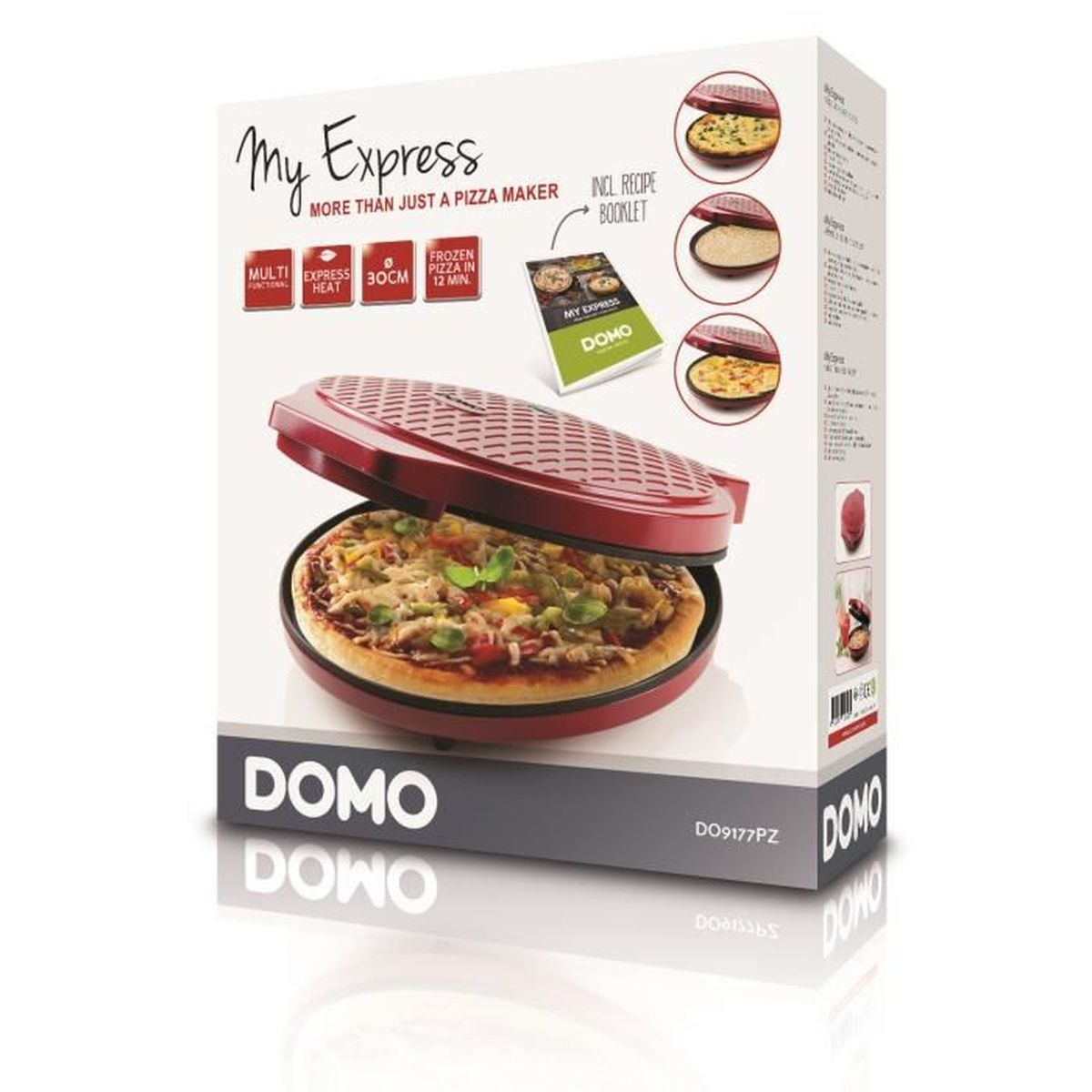 Scatola del prodotto Domo My Express con macchina rossa e pizza.