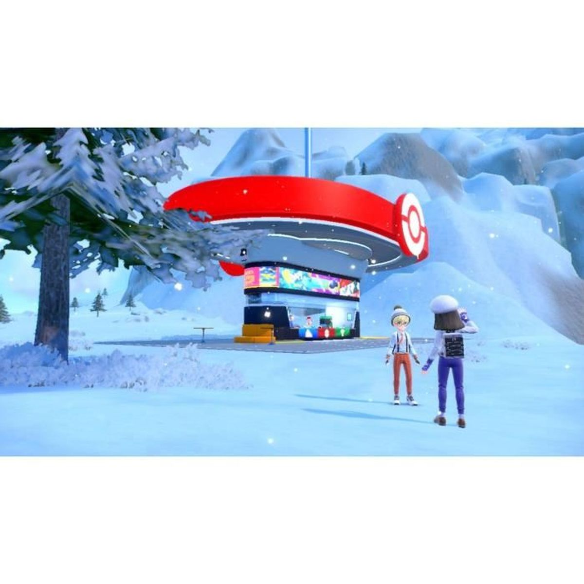 Due personaggi si ergono davanti a un edificio futuristico rosso e bianco in un paesaggio montano innevato.