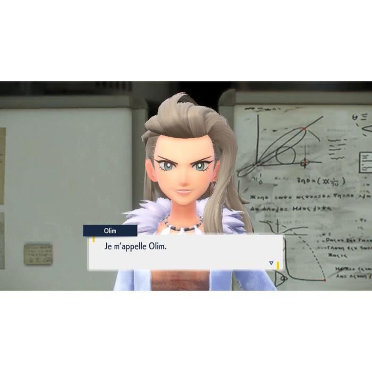 Una donna dai capelli grigi parla in un videogioco, mostrando una casella di testo con la scritta Je m'appelle Olim.