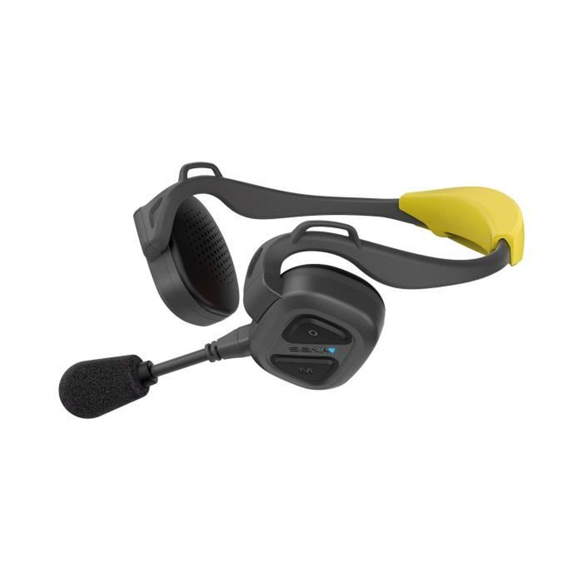 Auricolare da moto nero con microfono ad asta, pulsanti di controllo e accento giallo sull'archetto.