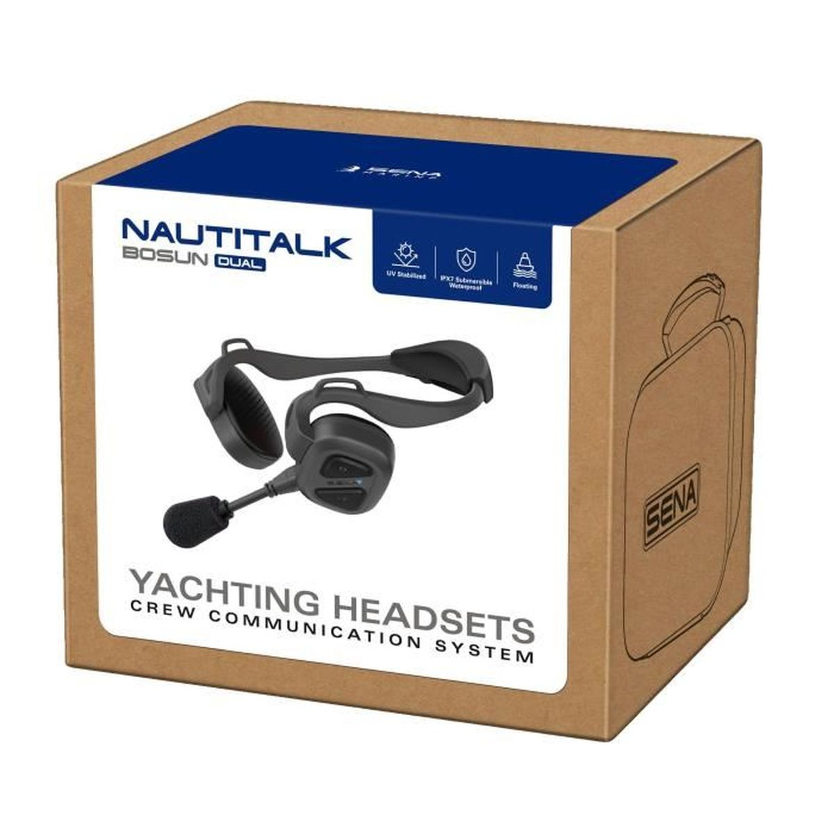 Una scatola di cartone che mostra le cuffie da yacht NautiTalk Bosun Dual con dettagli blu.