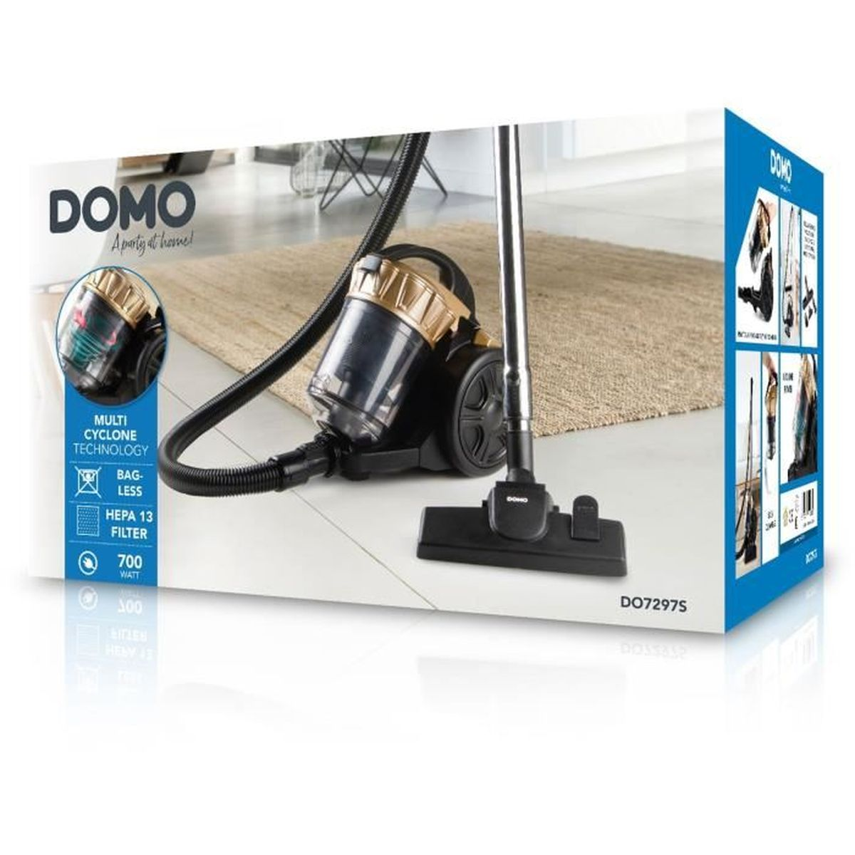 Scatola di imballaggio per l'aspirapolvere senza sacco DOMO DO7297S nero e oro su un pavimento.