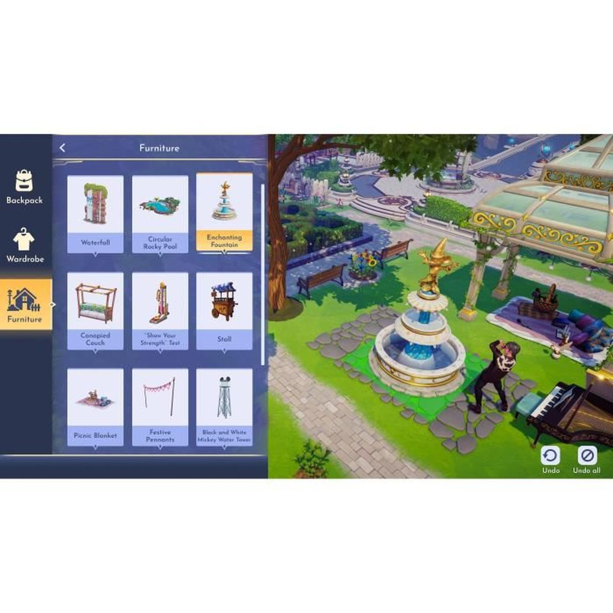 Un menu di mobili di un videogioco mostra scelte di oggetti con un paesaggio di giardino sullo sfondo.