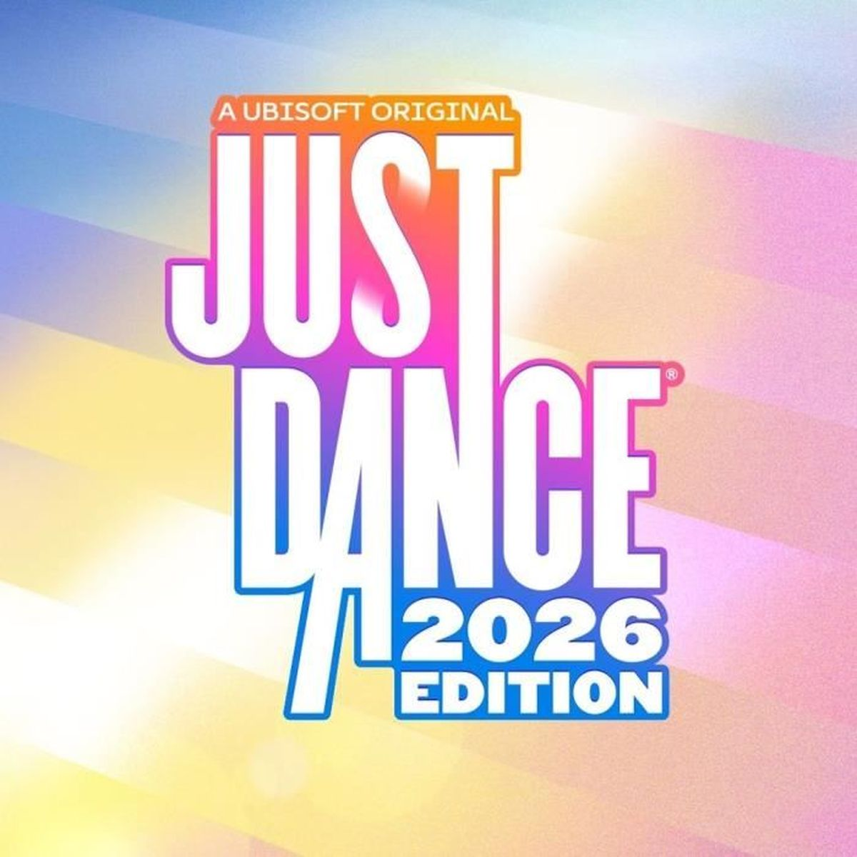 El colorido logotipo de Just Dance 2026 Edition sobre un fondo degradado pastel.