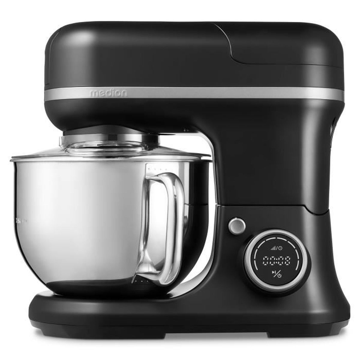Impastatrice planetaria Medion nera con ciotola in acciaio inossidabile e display digitale su sfondo bianco.