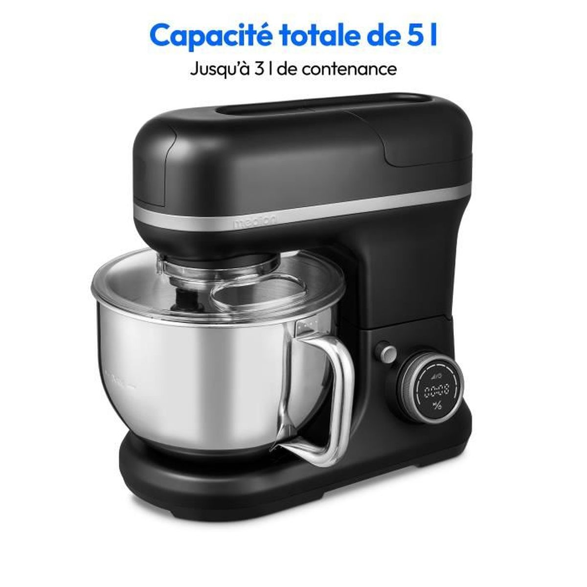 Impastatrice nera con ciotola in acciaio inossidabile e display digitale su sfondo bianco.