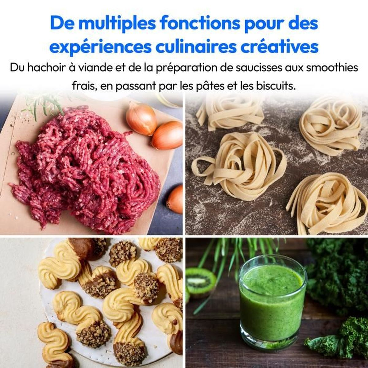 Quattro riquadri con carne macinata, pasta, biscotti e un frullato verde, con testo in francese.