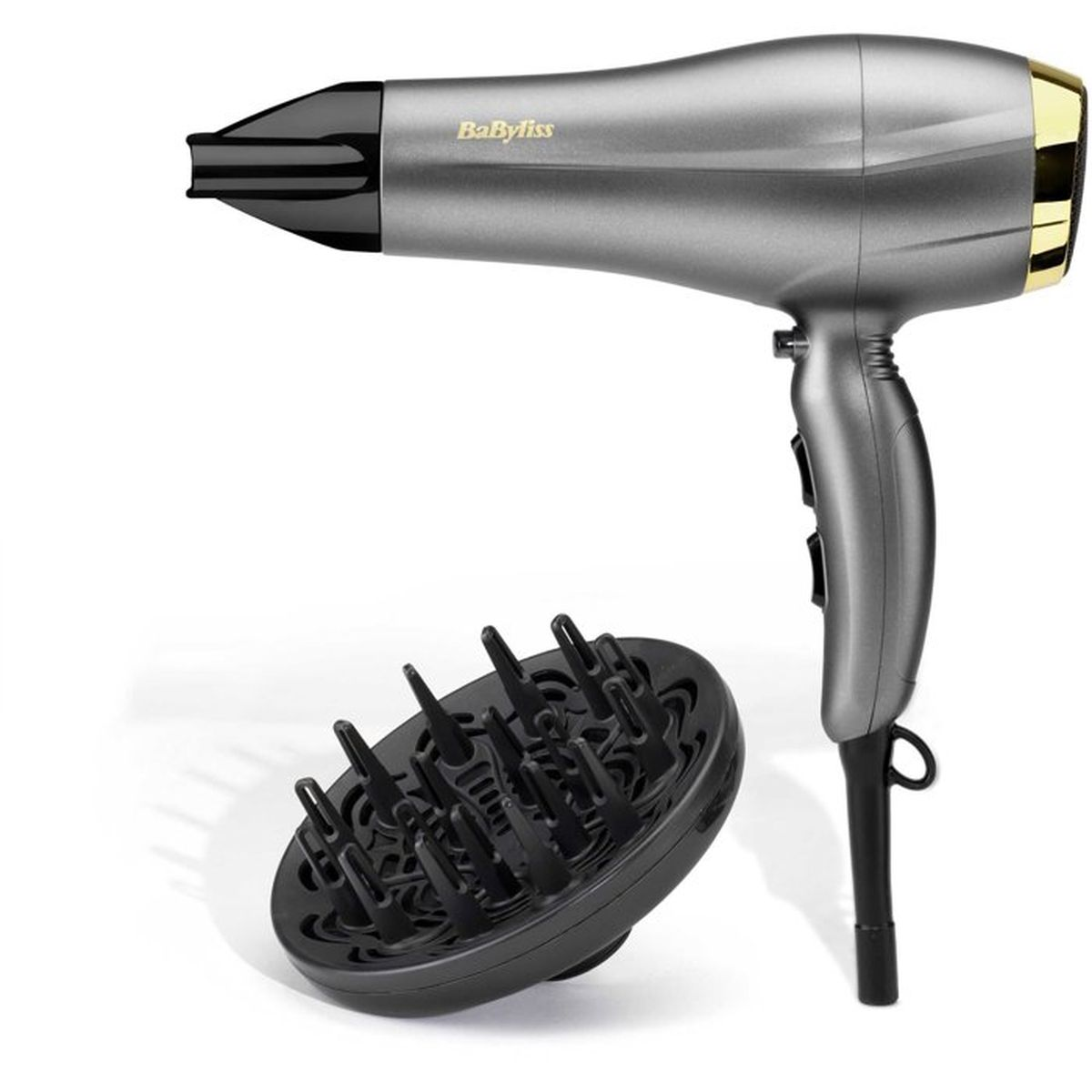 Asciugacapelli BaByliss grigio con dettagli neri e oro e un diffusore su sfondo bianco.