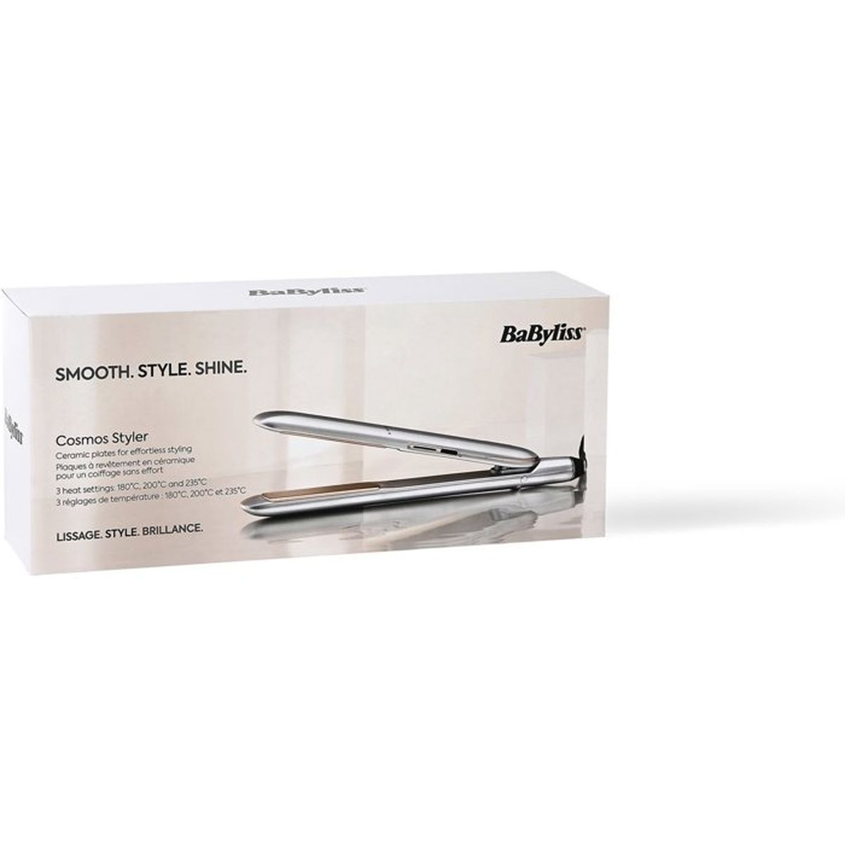 Una scatola bianca per piastra per capelli BaByliss Cosmos Styler con foto del prodotto e testo su sfondo bianco.