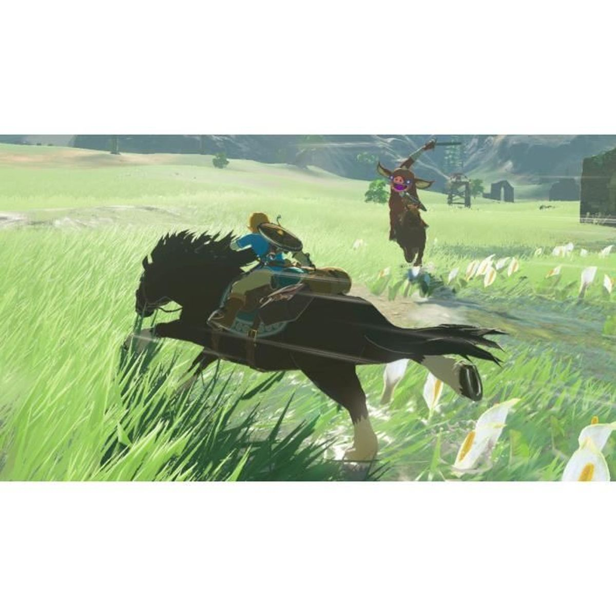 Link cavalca un cavallo nero attraverso un campo erboso, inseguendo un folletto in un paesaggio soleggiato.