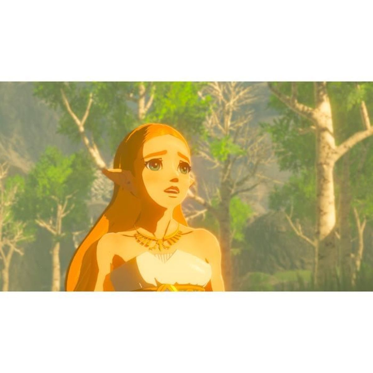 La principessa Zelda con lunghi capelli biondi guarda in alto preoccupata in una foresta soleggiata.