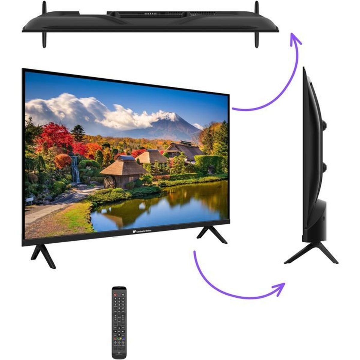 Viste di un televisore nero con paesaggio, telecomando e angolazioni laterale e superiore.