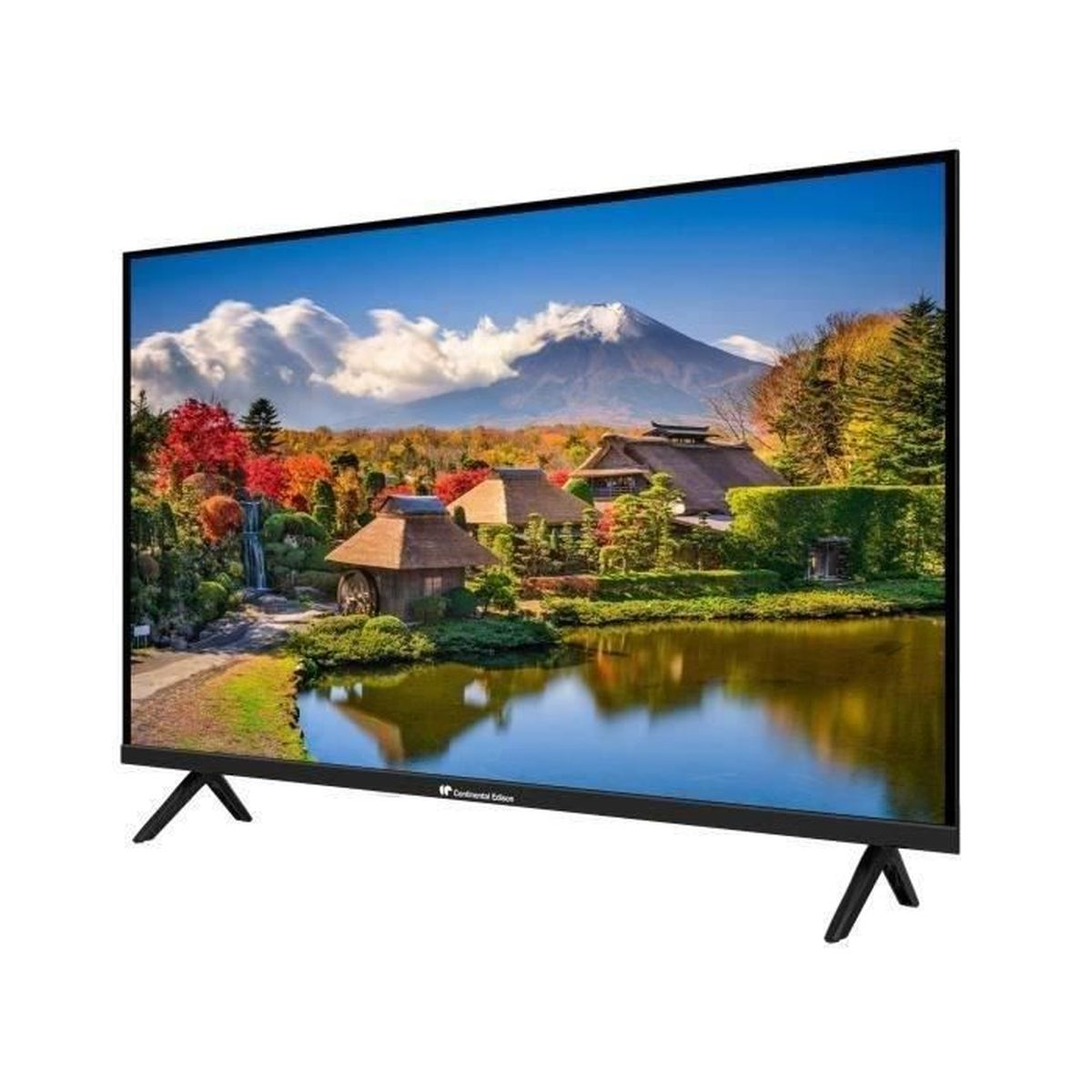 Una TV a schermo piatto nera su piedini a V mostra un giardino giapponese con il Monte Fuji.
