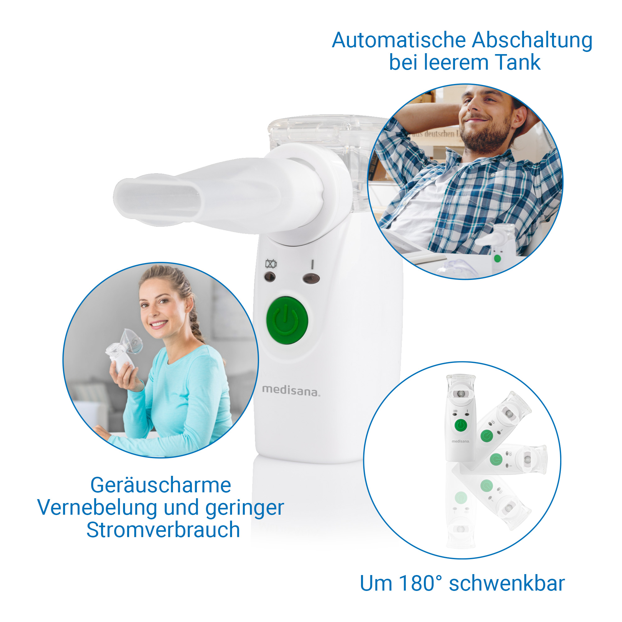 Inalatore Medisana con accessori, nebulizzazione silenziosa, spegnimento automatico e design orientabile.
