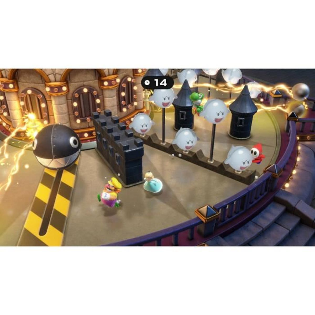 Personaggi di Mario come Wario e Rosalina sono in un castello con Bobbombe e Boo.