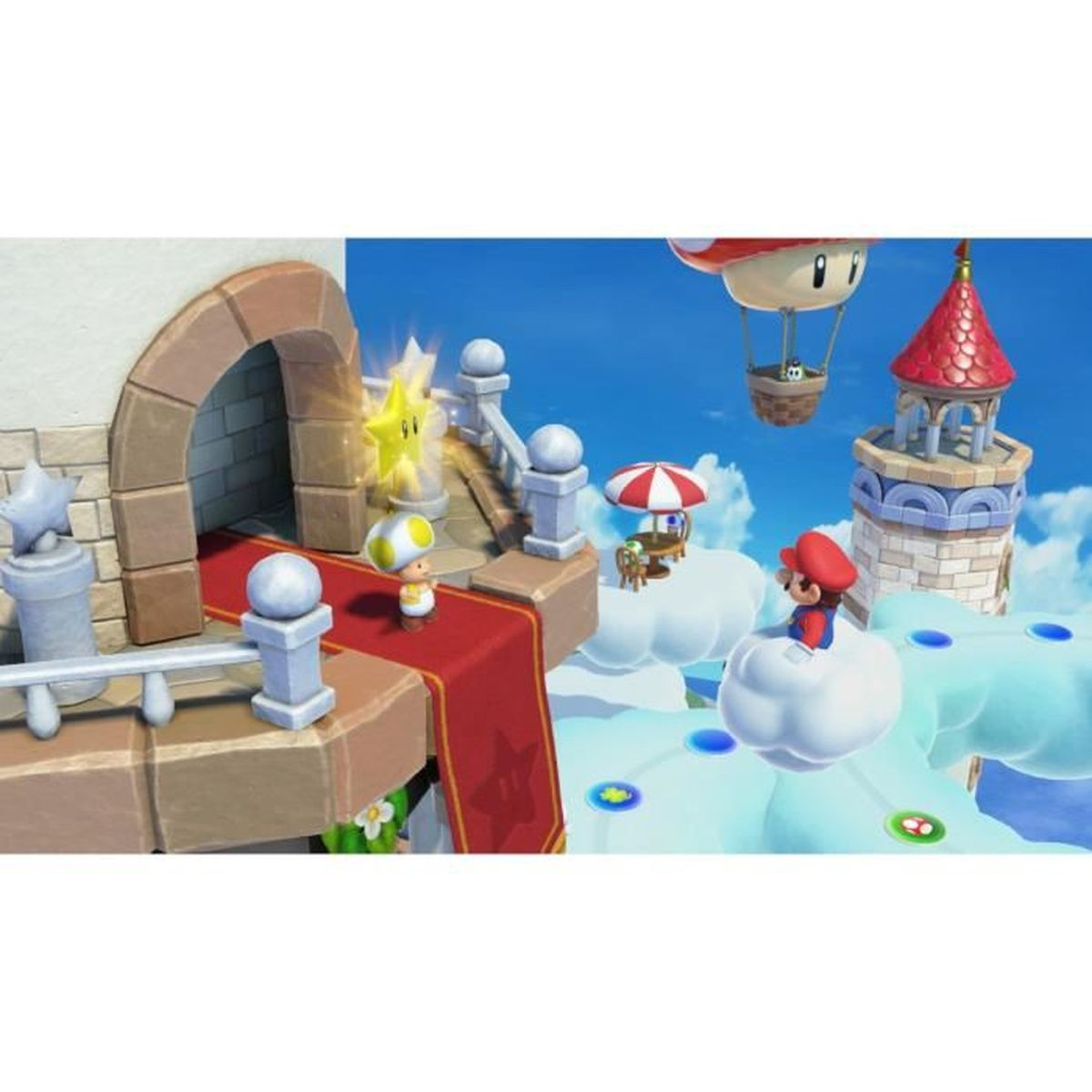 Mario si trova su una nuvola mentre Toad mostra una stella dorata su una terrazza.