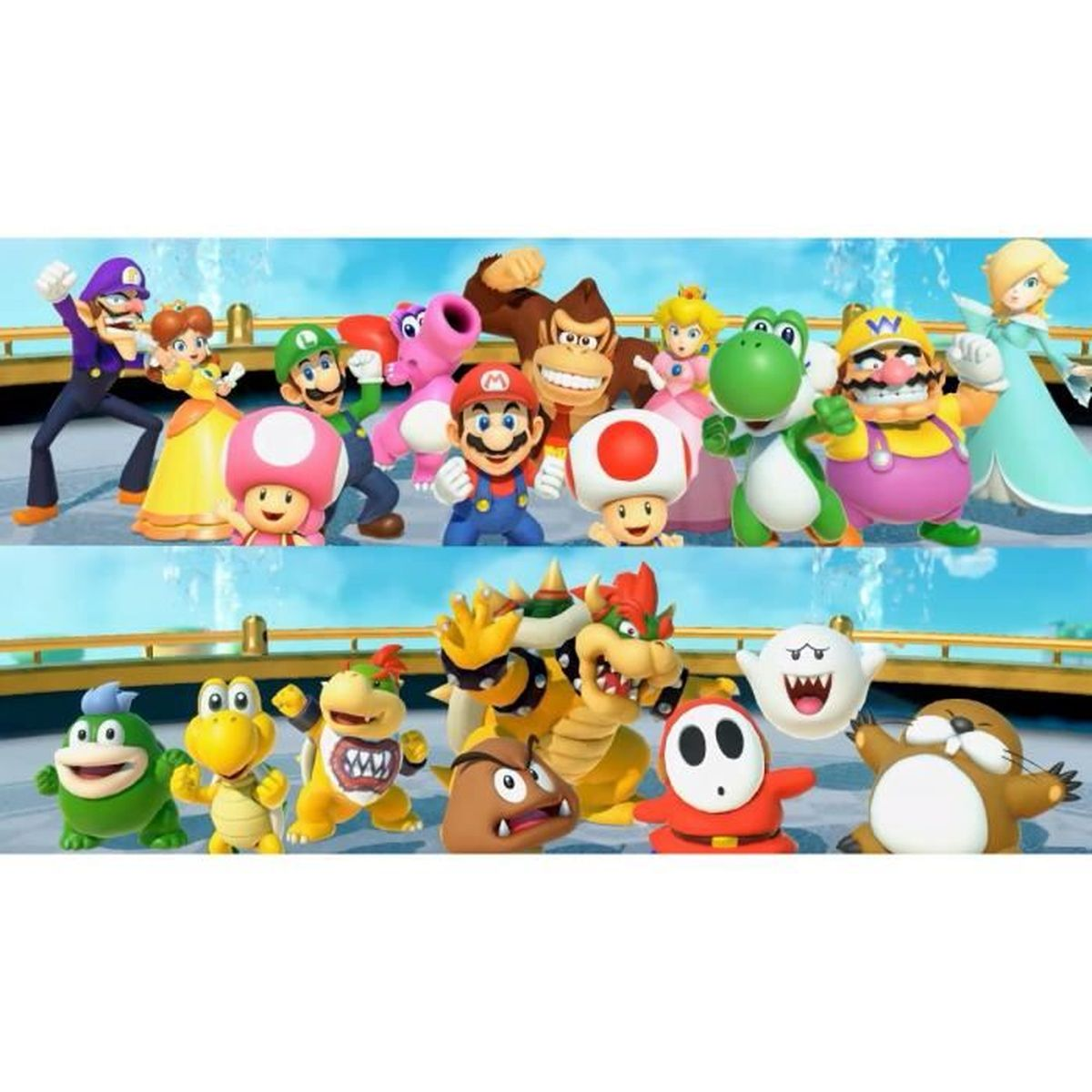 Gruppo di colorati personaggi di Mario in posa insieme su sfondo di cielo azzurro.