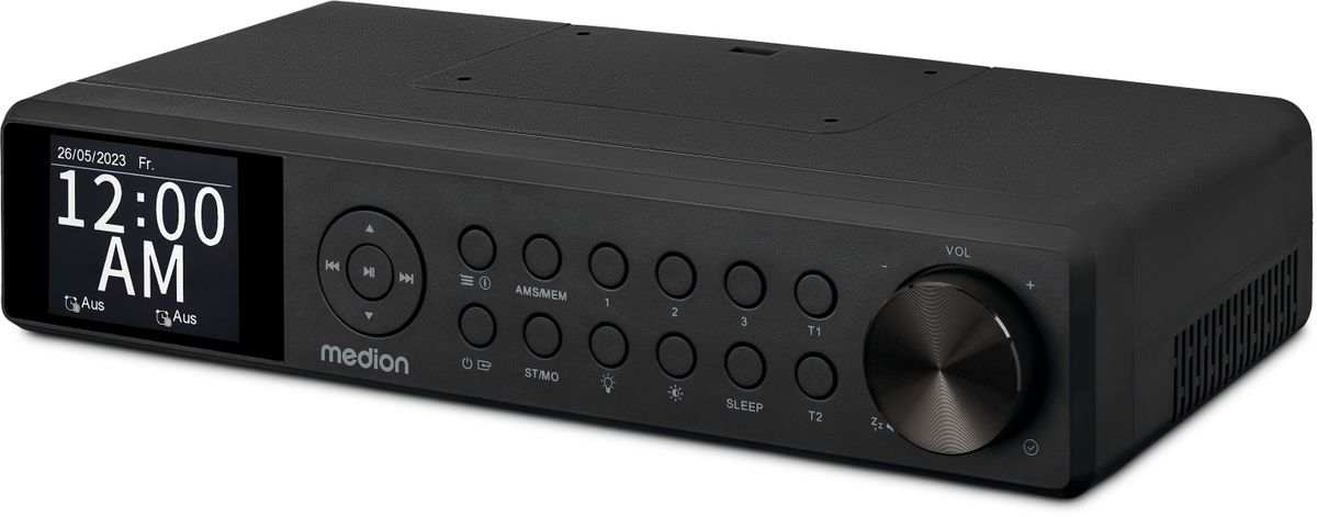 Radio Medion nera con display, numerosi pulsanti e una grande manopola del volume su sfondo bianco.