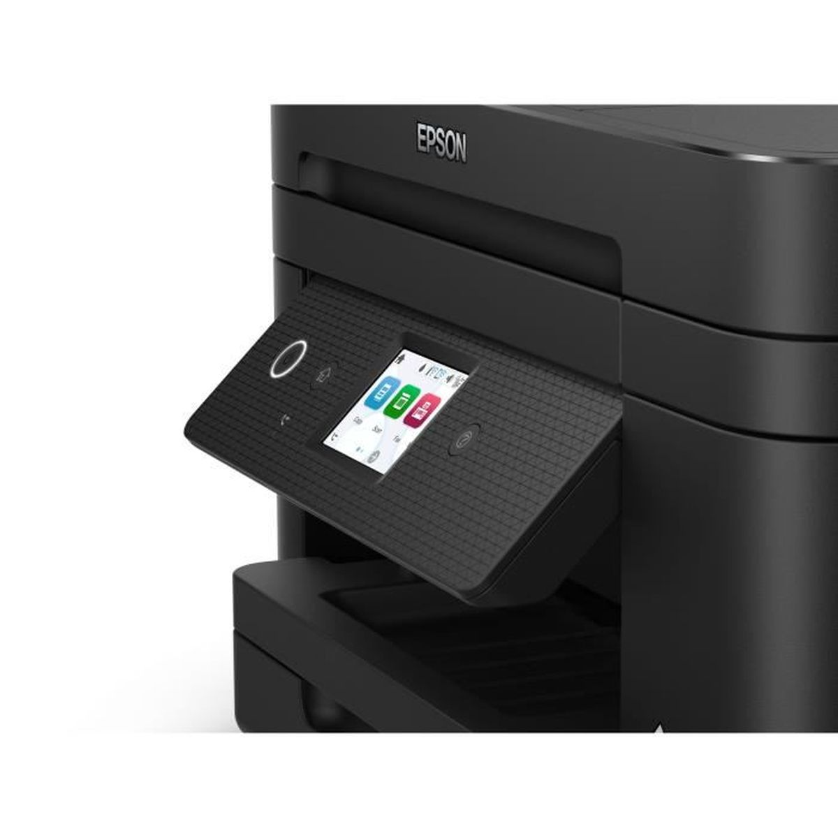 Primo piano di una stampante Epson nera con un pannello di controllo inclinato e uno schermo touchscreen.