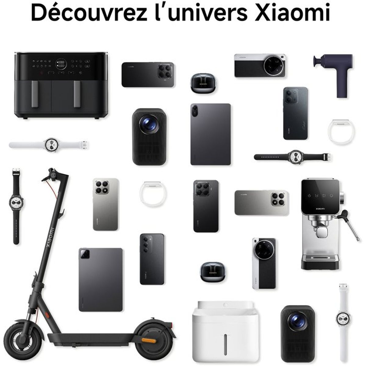 Vari prodotti Xiaomi tra cui smartphone, smartwatch, un monopattino elettrico, friggitrice ad aria e gadget.