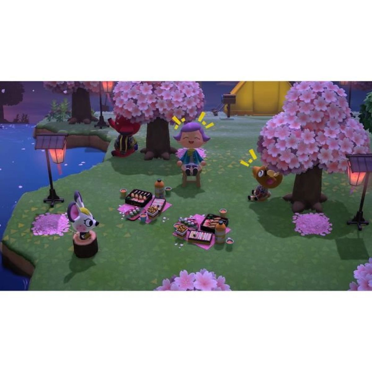 Personajes de Animal Crossing disfrutan un pícnic de primavera bajo cerezos en flor por la noche.