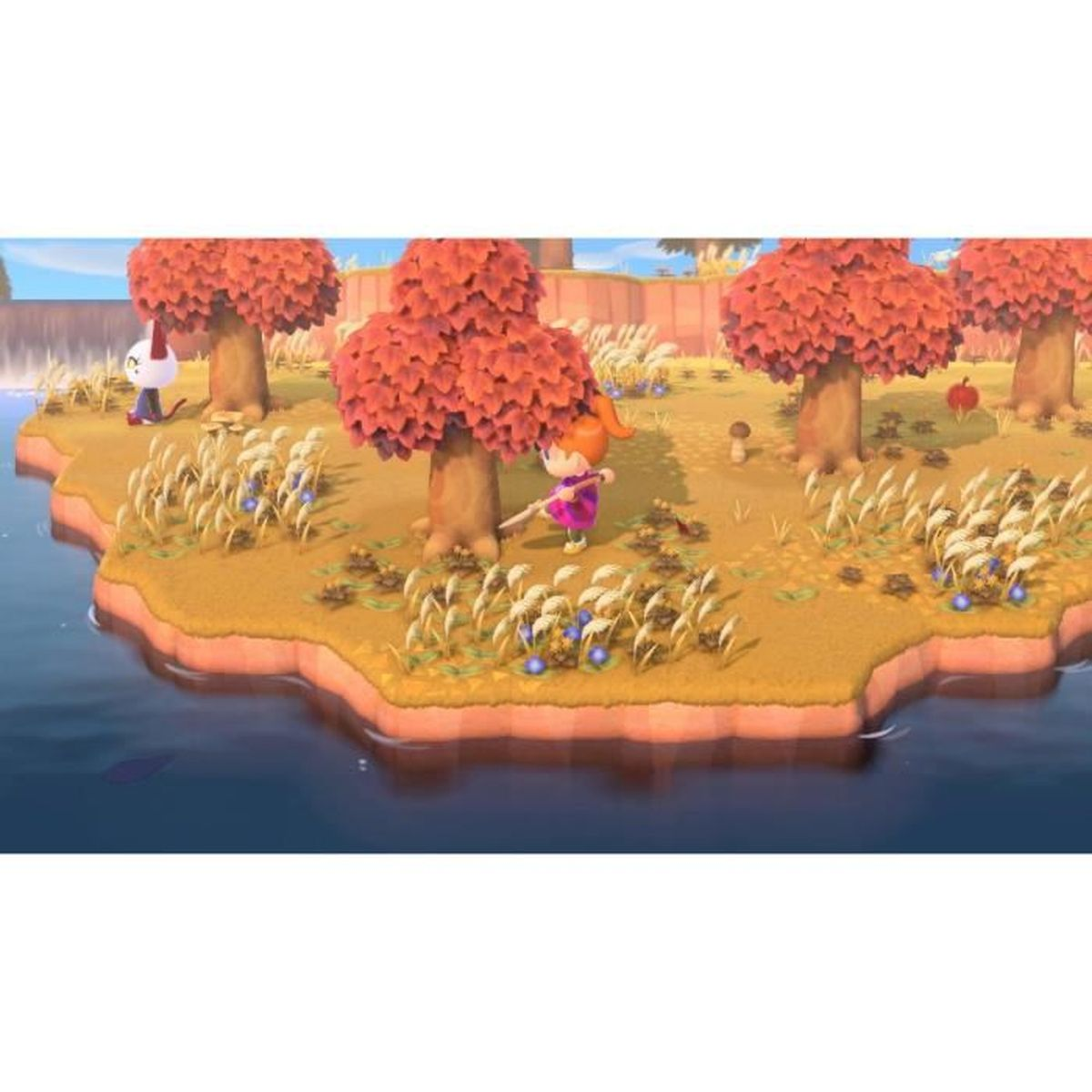 Un avatar con pelo naranja golpea un árbol de otoño con hojas rojas con una red, cerca de un río con hierba alta.