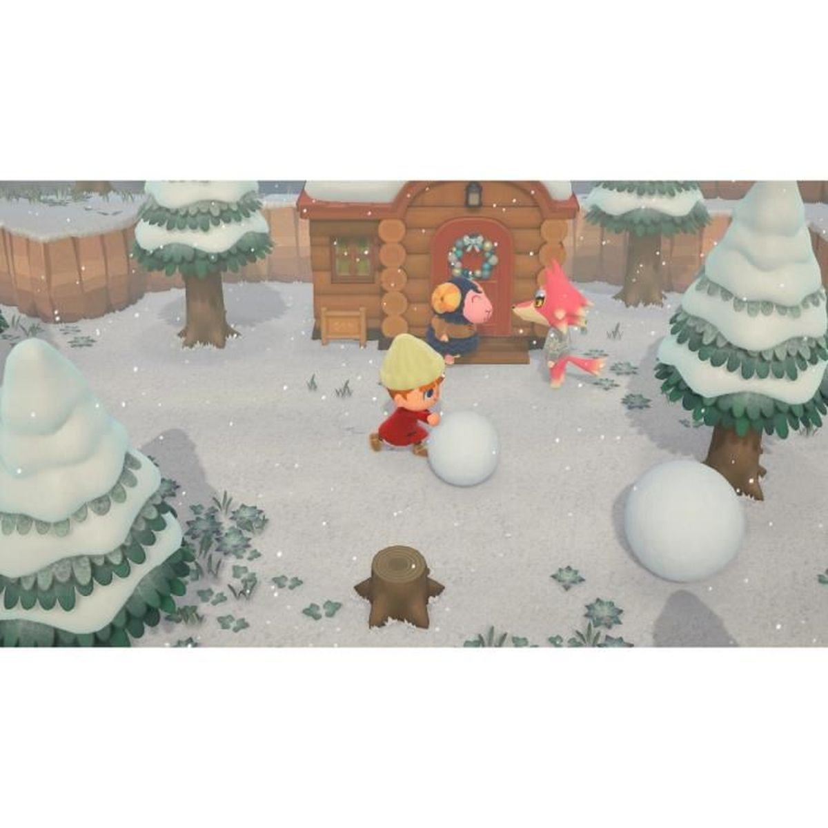 Un niño rueda una bola de nieve en un bosque invernal con animales y una cabaña de madera.