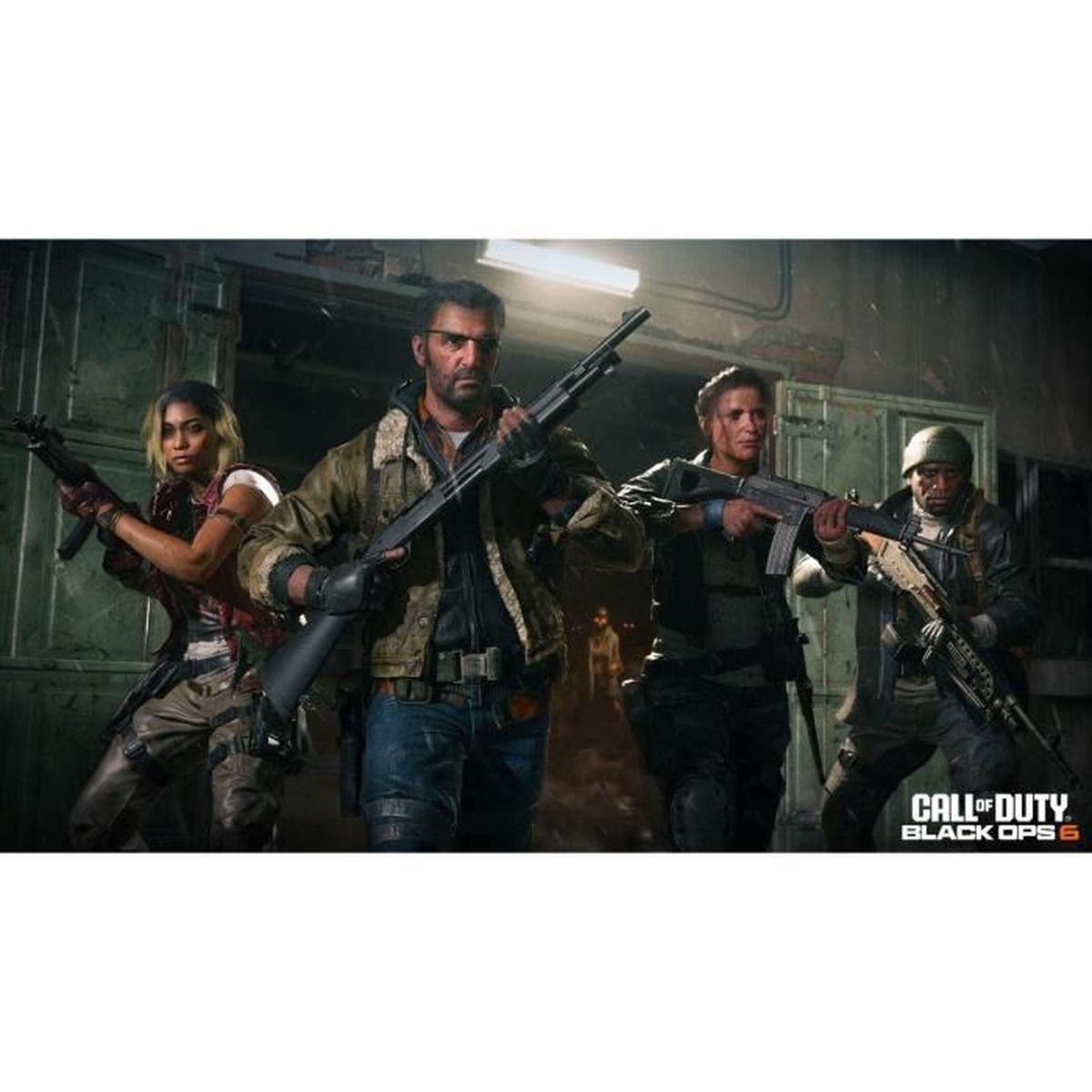 Cuatro personajes armados listos en un fondo industrial tenuemente iluminado para Call of Duty: Black Ops 6.
