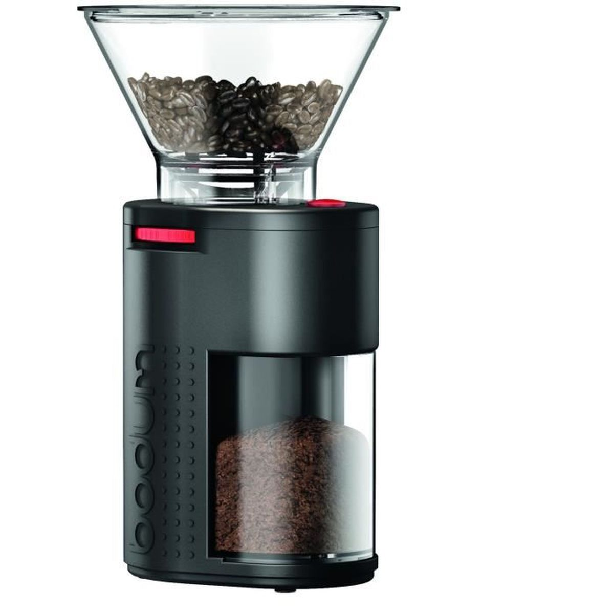 Un macinacaffè elettrico nero con chicchi interi sopra e caffè macinato nel contenitore inferiore.