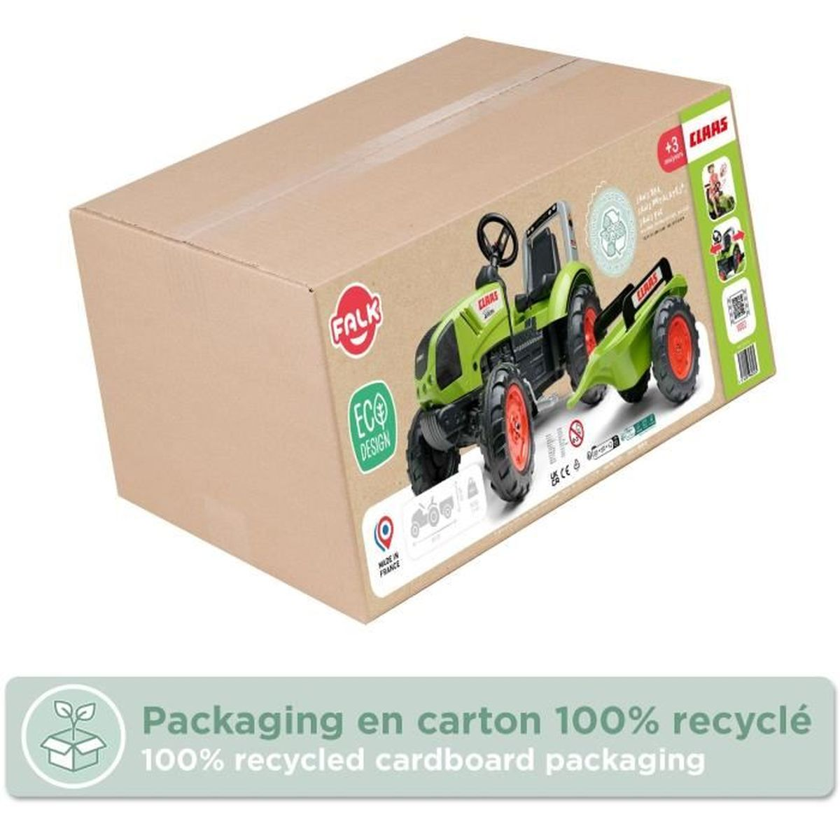 Ein brauner Pappkarton zeigt ein Bild eines grünen Treiberspielzeugs und weist auf 100% recycelte Verpackung hin.