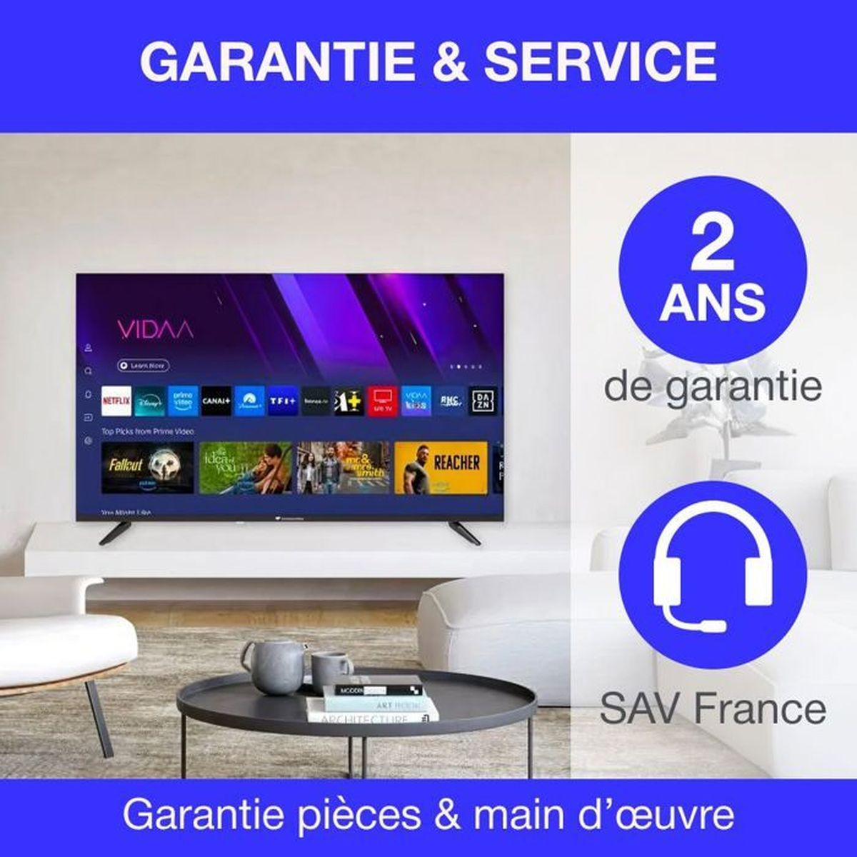 TV su un tavolo bianco, con testo e icone per 2 anni di garanzia e servizio clienti in Francia.