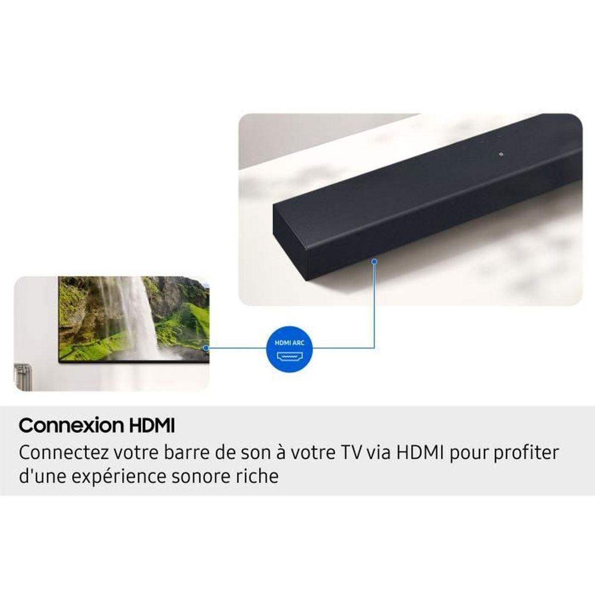 Eine schwarze Soundbar, die über HDMI ARC mit einem Fernseher verbunden ist.